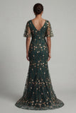 Dark Green Mermaid Embroidered Long Mother of the Bride Dress with Short Sleeves
