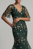 Dark Green Mermaid Embroidered Long Mother of the Bride Dress with Short Sleeves