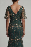Dark Green Mermaid Embroidered Long Mother of the Bride Dress with Short Sleeves