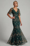 Dark Green Mermaid Embroidered Long Mother of the Bride Dress with Short Sleeves