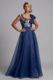 Navy Flower A Line Chiffon Square Neck Long Mother of the Bride Dress with Bow