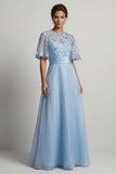 Sky Blue A Line 3D Flowers Long Mother of the Bride Dress with Half Sleeves