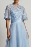 Sky Blue A Line 3D Flowers Long Mother of the Bride Dress with Half Sleeves