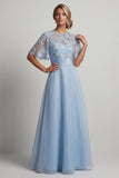 Sky Blue A Line 3D Flowers Long Mother of the Bride Dress with Half Sleeves