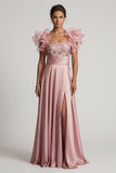 Dusty Rose A Line Ruffled Sequin Long Mother of the Bride Dress with Slit