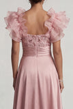 Dusty Rose A Line Ruffled Sequin Long Mother of the Bride Dress with Slit