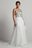 One Shoulder A Line White Sequin Mother Of the Bride Dress