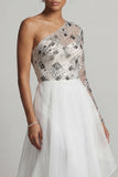 One Shoulder A Line White Sequin Mother Of the Bride Dress