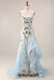 Light Blue Mermaid Spaghetti Straps Sequin Long Prom Dress with Ruffles