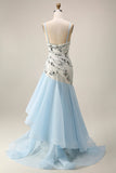 Light Blue Mermaid Spaghetti Straps Sequin Long Prom Dress with Ruffles