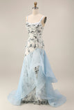 Light Blue Mermaid Spaghetti Straps Sequin Long Prom Dress with Ruffles