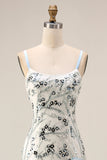 Light Blue Mermaid Spaghetti Straps Sequin Long Prom Dress with Ruffles