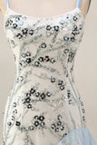 Light Blue Mermaid Spaghetti Straps Sequin Long Prom Dress with Ruffles