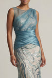 Lake Blue Sequin Mermaid Ruched Mother Of the Bride Dress
