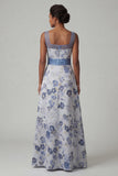Square Neck A Line Dusty Blue Floral Mother Of Bride Dress