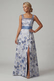Square Neck A Line Dusty Blue Floral Mother Of Bride Dress