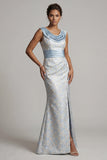 Cowl Neck Mermaid Light Blue Brocade Mother of the Bride Dress