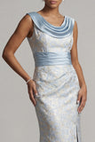 Cowl Neck Mermaid Light Blue Brocade Mother of the Bride Dress