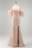 Champagne Off the Shoulder Mermaid Sequin Long Mother Of the Bride Dress with Slit
