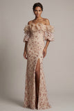 Champagne Off the Shoulder Mermaid Sequin Long Mother Of the Bride Dress with Slit