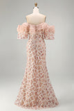 Champagne Off the Shoulder Mermaid Sequin Long Mother Of the Bride Dress with Slit