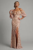 Champagne Off the Shoulder Mermaid Sequin Long Mother Of the Bride Dress with Slit