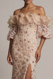 Champagne Off the Shoulder Mermaid Sequin Long Mother Of the Bride Dress with Slit