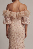 Champagne Off the Shoulder Mermaid Sequin Long Mother Of the Bride Dress with Slit