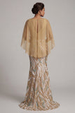 Sparkly Champagne Mermaid Sequin Long Mother Of the Bride Dress with Cape