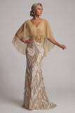 Sparkly Champagne Mermaid Sequin Long Mother Of the Bride Dress with Cape