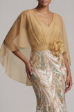 Sparkly Champagne Mermaid Sequin Long Mother Of the Bride Dress with Cape