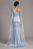 Mermaid One Shoulder Sky Blue Satin Mother Of the Bride Dress with Bow
