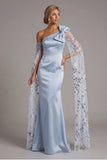 Mermaid One Shoulder Sky Blue Satin Mother Of the Bride Dress with Bow