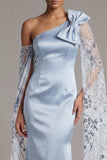 Mermaid One Shoulder Sky Blue Satin Mother Of the Bride Dress with Bow