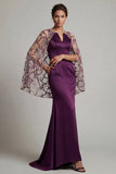 Dark Purple Mermaid Round Neck Mother Of the Bride Dress with Sheer Cape