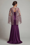 Dark Purple Mermaid Round Neck Mother Of the Bride Dress with Sheer Cape