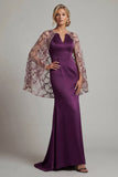 Dark Purple Mermaid Round Neck Mother Of the Bride Dress with Sheer Cape