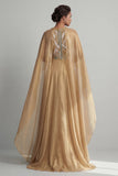 Champagne A-Line Round Neck Sequin Mother Of the Bride Dress with Cape