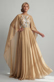 Champagne A-Line Round Neck Sequin Mother Of the Bride Dress with Cape