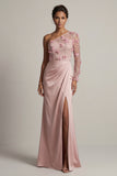 One Shoulder Satin Dusty Rose Sheath Ruched Mother Of the Bride Dress with Slit