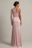 One Shoulder Satin Dusty Rose Sheath Ruched Mother Of the Bride Dress with Slit
