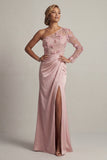 One Shoulder Satin Dusty Rose Sheath Ruched Mother Of the Bride Dress with Slit
