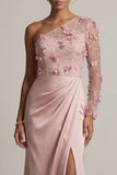 One Shoulder Satin Dusty Rose Sheath Ruched Mother Of the Bride Dress with Slit