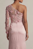 One Shoulder Satin Dusty Rose Sheath Ruched Mother Of the Bride Dress with Slit