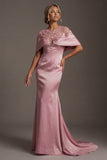 Mermaid Pink Satin Round Neck Long Mother Of the Bride Dress