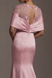 Mermaid Pink Satin Round Neck Long Mother Of the Bride Dress