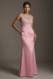 Pink Mermaid Satin Round Neck 3D Flowers Mother Of the Bride Dress with Pocket