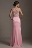 Pink Mermaid Satin Round Neck 3D Flowers Mother Of the Bride Dress with Pocket