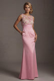 Pink Mermaid Satin Round Neck 3D Flowers Mother Of the Bride Dress with Pocket