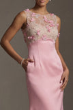 Pink Mermaid Satin Round Neck 3D Flowers Mother Of the Bride Dress with Pocket